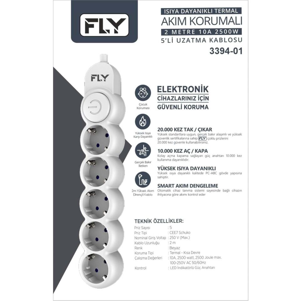 FLY 3394-01 Termal Akım Korumalı Uzatma Kablosu 5 Priz Anahtarlı 2 m - Beyaz